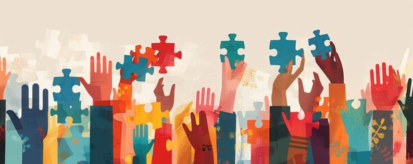 Multiple colorful hands reaching upward holding blue puzzle pieces against a light neutral background, symbolizing collaboration and teamwork in a lively, energetic atmosphere