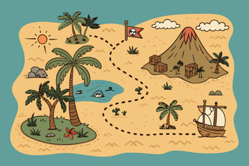 Create a whimsical cartoon treasure map depicting a tropical island with palm trees, X marking the spot, a buried treasure chest, and swirling sea around it.