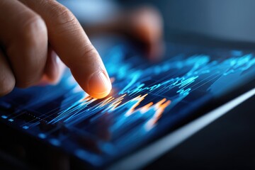 Close-up view of a person interacting with financial data displayed on a tablet.