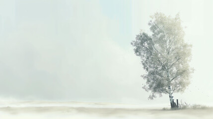 Serene Birch Tree in Misty Field Cool Tones Landscape Photography