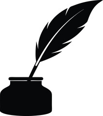 Feather quill pen with ink pot silhouette vector