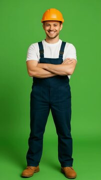 Confident construction worker in overalls: expressions on green screen background.