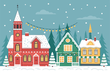 Fototapeta premium A picturesque winter scene of a snow-covered Christmas town, featuring charming houses with snowy rooftops, creating a cozy and festive atmosphere. Solid red accents add visual interest.
