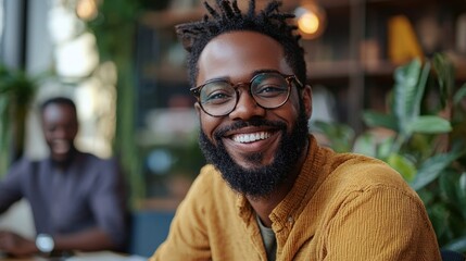 Fototapeta premium Happy man with beard and glasses smiles confidently in a cafe