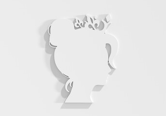 Profile view silhouette of a princess or queen. Cute girl portrait. Fashion branding emblem. 3D render