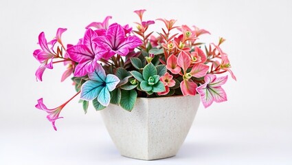 Fototapeta premium Pink and Teal Flowers in Triangular Cement Pot - Floral Decor