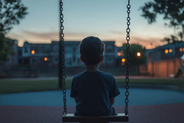 Young boy delightfully swings in the park, eyes twinkling with joy amidst a backdrop of green trees on a sunny day.
