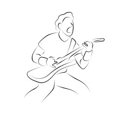 young man with electric guitar illustration vector hand drawn with black lines isolated on white background