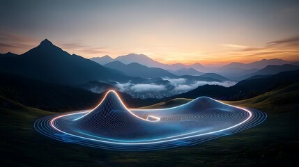 Abstract landscape with glowing lines depicting data over mountain range
