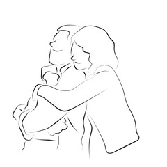 woman hugging her lover from the back illustration vector hand drawn with black lines isolated on white background.