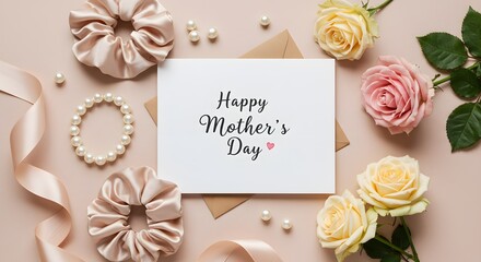 Happy Mother's Day card surrounded by flowers jewelry and ribbons on a pink background.