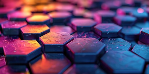Obraz premium Close up of hexagonal blocks in a colorful abstract arrangement. 3D geometric design for digital art and prints. Macro photography of geometric shape with vibrant color or multi colored. AIG51.