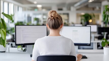 Modern office worker focusing on computers.  Female employee working at a desk with two monitors in a bright open-plan office