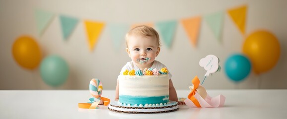 Adorable baby celebrates first birthday, covered in cake! Colorful party decorations