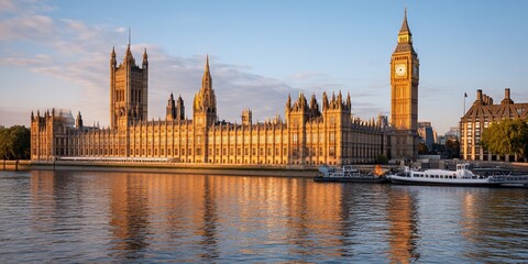 Obraz premium British Parliament Buildings at Sunrise over the River Thames, London, UK, suitable for travel/tourism stock photography