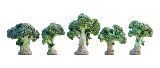 Five broccoli florets shaped like miniature trees are displayed across the frame with varying heights isolated on a transparent background.