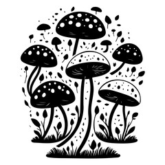 Whimsical mushroom colony silhouette amidst stylized foliage and abstract shapes
