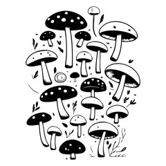 Whimsical mushroom arrangement illustration in black and white for artistic compositions