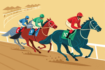 Create a vibrant vector illustration of a dynamic horse race featuring colorful, stylized jockeys in full gallop.  Focus on energy and movement.
