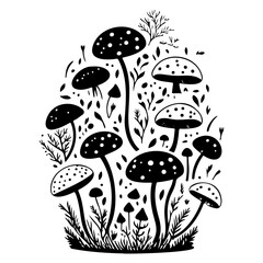 Whimsical mushroom cluster in a monochrome palette with intricate botanical elements