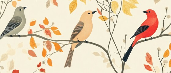 Fototapeta premium Charming Illustration of Three Colorful Birds Perched on Branches Amidst Autumn Leaves in a Serene Nature Scene