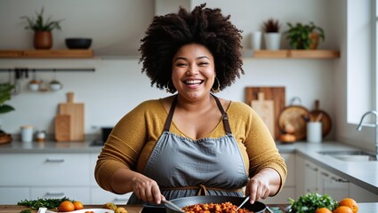 Joyful plus size woman cooking a meal in a modern kitchen.