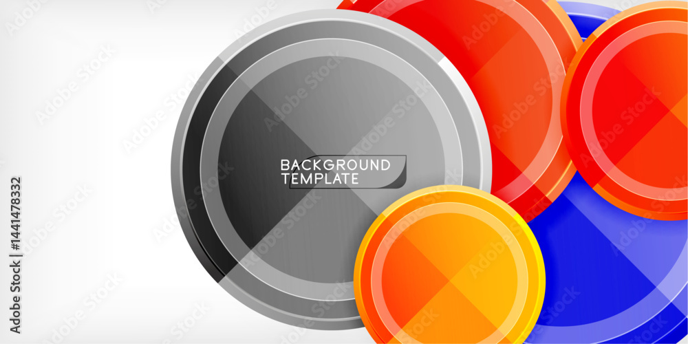 Poster abstract circles overlap, creating vibrant geometric design. colors include red, orange, blue, gray.