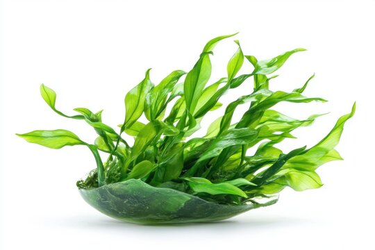 Lush green java fern aquatic plant in glass bowl on white background creating a serene and vibrant visual with a clean and minimalist aesthetic