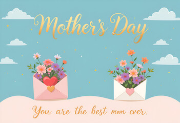 Lovely Mother's Day Illustration with Golden Script, Pink and White Envelopes with Hearts, and Colorful Flowers on a Soft Blue Sky Background, Expressing Love for the Best Mom Ever.

