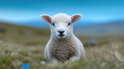Obraz premium Fluffy lamb in a grassy field