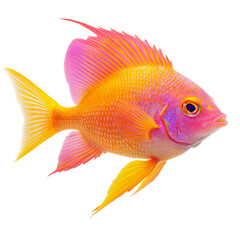 Vibrant tropical fish with bright pink and orange colors, showcasing intricate scales and flowing fins, swimming gracefully in water