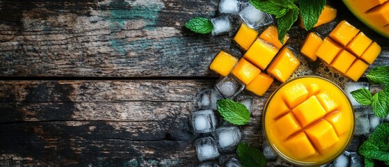 Refreshing mango juice with ice cubes, garnished with mint, on a rustic wooden surface