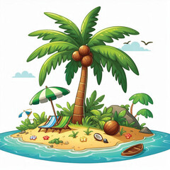 Obraz premium Cartoon Tropical Island with Palm Trees and Coconut on the Beach, Summer Paradise Ocean Landscape Illustration