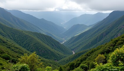 Fototapeta premium Majestic Mountain Valley Landscape Lush Green Slopes and Winding Road