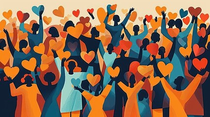 Diverse group of silhouetted people joyfully raising colorful hearts in the air, symbolizing unity, love, and celebration in a vibrant, warm-toned atmosphere