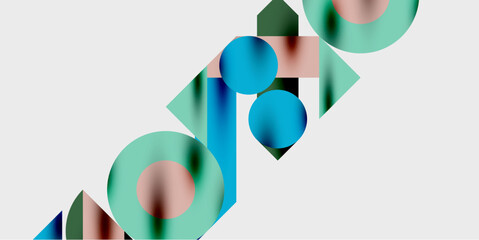 Fototapeta premium Abstract geometric shapes overlap, creating vibrant color gradients. Composition features circles, rectangles, triangles on light background.