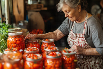 Woman in apron preparing tomatoes in a rustic kitchen. Bowls of chopped vegetables nearby, a vintage wooden table. Bright window light, cozy atmosphere.