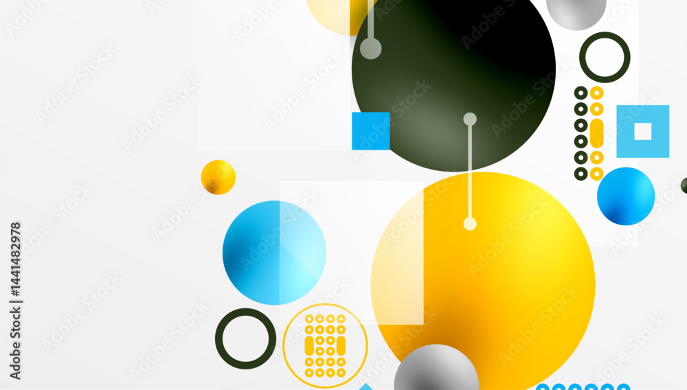 Poster Abstract geometric shapes, vibrant colors, modern design. Circles, squares, lines create dynamic composition. Minimalist aesthetic.