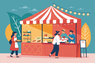 Create a vibrant, detailed vector illustration of a bustling food festival booth, showcasing diverse cuisines and happy customers. Include various food items, signage, and lively atmosphere.