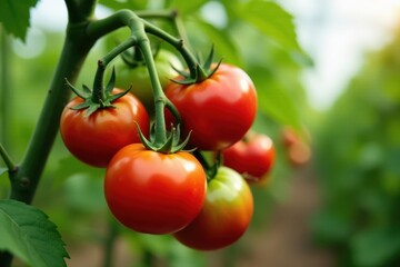 Luscious red tomatoes ripening on vine in organic greenhouse , healthy, tomatoes on the vine