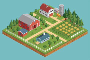 Create a detailed isometric vector illustration of a farm landscape, showcasing fields, barns, animals, and farm equipment.  Include realistic textures and vibrant colors.