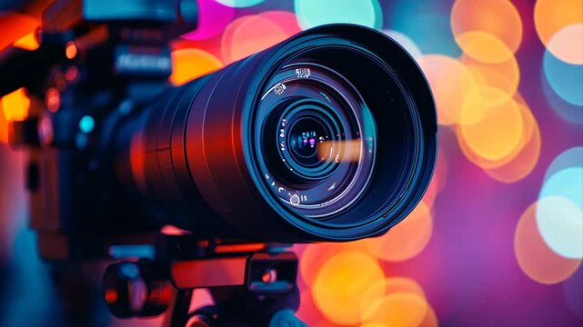 Close up detail of professional camera lens with intricate optical elements and bokeh light effects capturing the essence of visual storytelling