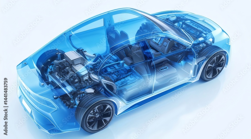 Aufkleber 青い透明な車体の内部構造を詳細に描写 未来的な自動車デザインとテクノロジーの概念