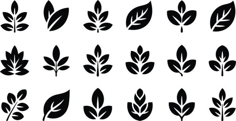 Variety of black leaves in minimalist silhouette style black and white botanical vector icons decoration