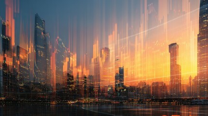 Fototapeta premium Futuristic city skyline at sunrise with blurred lines.