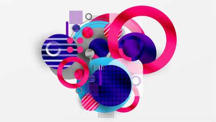 Abstract composition featuring overlapping circles, squares, lines. Vibrant pinks, blues, purples create dynamic visual effect. Modern design elements.