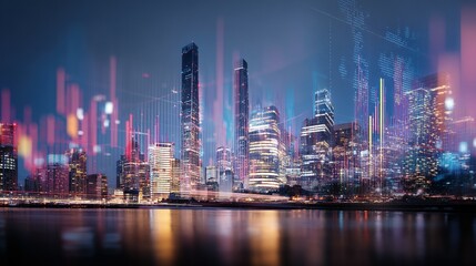 Night cityscape of modern structures illuminated by colorful digital data.