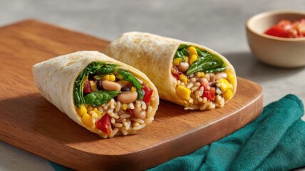 Healthy recipes, high fiber and grains. A fresh vegetarian burrito cut in half, filled with rice, beans, corn, spinach, and peppers on a wooden board.