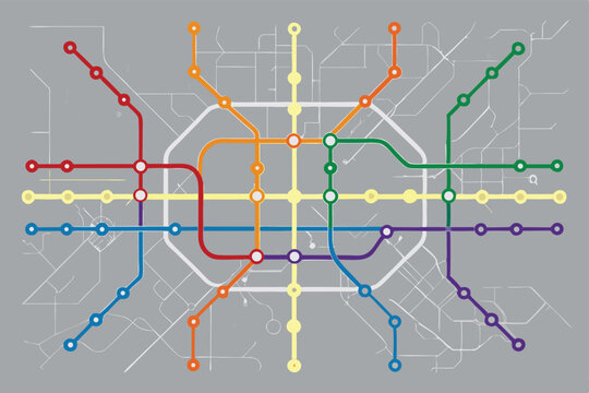 Create a vector map of a city's metro lines, showcasing all routes and stations on a solid color background.  The design should be clean, modern, and easily readable.