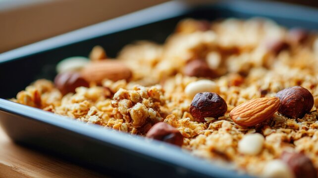 Healthy recipes, high fiber and grains. A tray of homemade granola with assorted nuts, including almonds and hazelnuts, freshly baked and ready to serve.